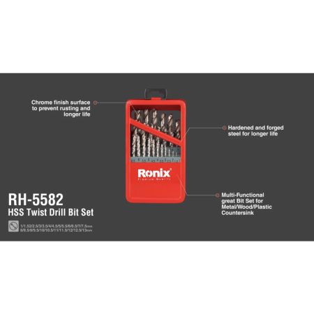 მეტალის ბურღების ნაკრები Ronix RH-5582, HSS 1-13 მმ