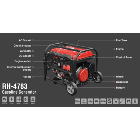 ბენზინის გენერატორი Ronix Rh-4783, 6.5kw 25ლ