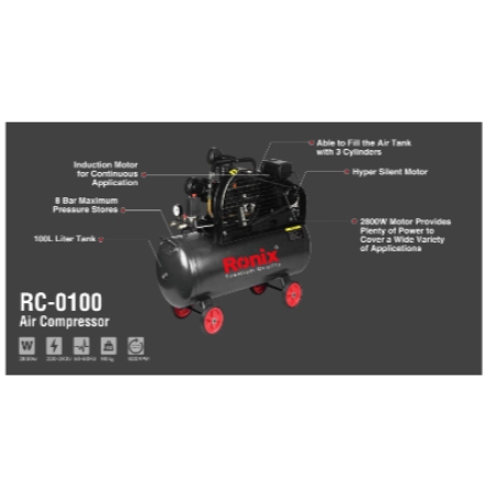 ჰაერის კომპრესორი Ronix RC-0200, 200ლ 2200w 2 ცილინდრი