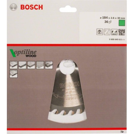 BOSCH 2608640611 Optiline Wood წრიული ხერხის დანა, 184 x 30 x 2.6 მმ, 36T