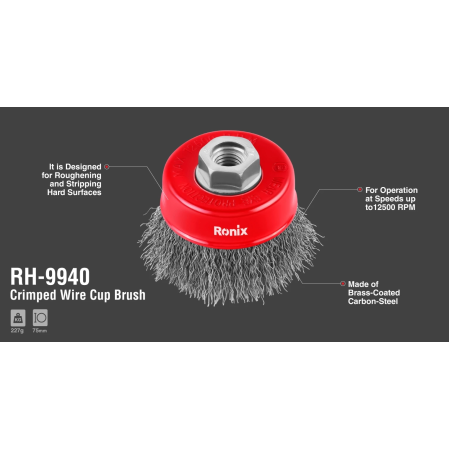 ჯამისებრი მავთულის ჯაგრისი RONIX RH-9940, 75მმ