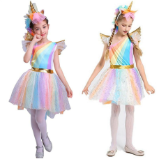 გოგონას უნიკორნის კოსტუმი ცისარტყელას კაბა ფრთიანი თავსაბურავით საზეიმო წვეულებისთვის GH-8001