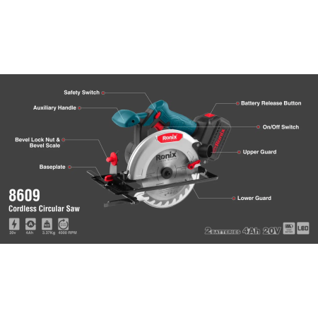 უსადენო ცირკულარული ხერხი Ronix-8609c 20v ელემენტის გარეშე