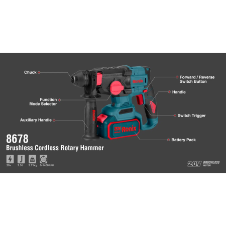 უსადენო უნახშირო პერფორატორი Ronix-8678c 20V 2.5J ელემენტის გარეშე
