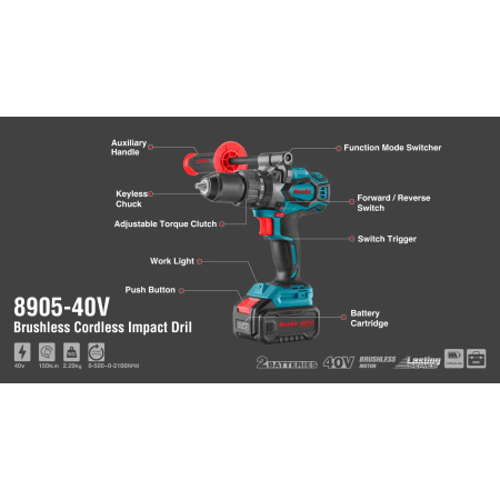 უნახშირო დარტყმითი სახრახნისი Ronix-8905c-40V, 150 Nm ელემენტის და დამტენის გარეშე