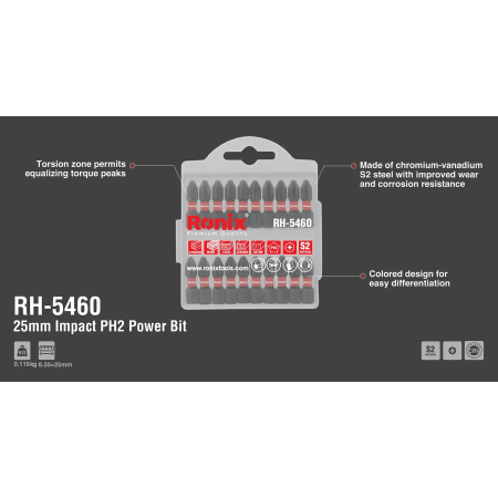 25 მმ PH2 დარტყმითი ბიტების ნაკრები Ronix RH-5460, 20ც
