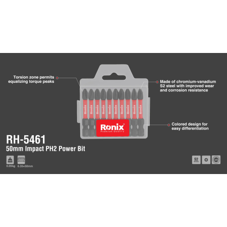 50 მმ PH2 დარტყმითი ბიტების ნაკრები Ronix RH-5461, 10ც