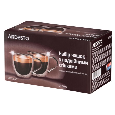 Ardesto Double wall borosilicate glass mug set with handles, 250 ml, 2 pcs