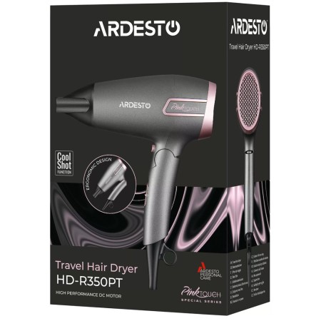 Ardesto Hair Dryer Pink Touch, 2000W, 2 speeds, 2 heat setting, foldable handle, gray+pink